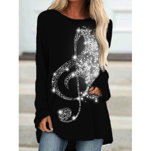 Glitter Treble Clef Long Sleeve A Line T Shirt