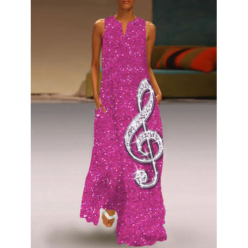 Glitzy Sparkly Diamond Music Note Notch Neck Maxi Dress