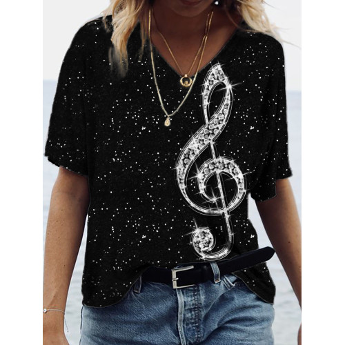 Glitzy Sparkly Diamond Music Note V Neck T Shirt