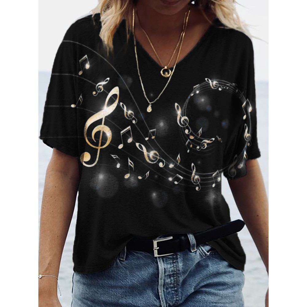 Glowing Gold Music Notes V Neck T Shirt