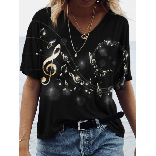Glowing Gold Music Notes V Neck T Shirt