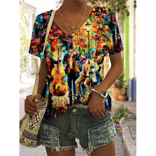 Glowing Music Art V Neck T Shirt