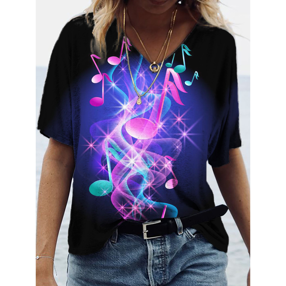 Glowing Music Notes Art V Neck Comfy T Shirt