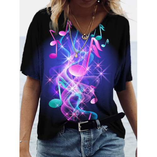 Glowing Music Notes Art V Neck Comfy T Shirt
