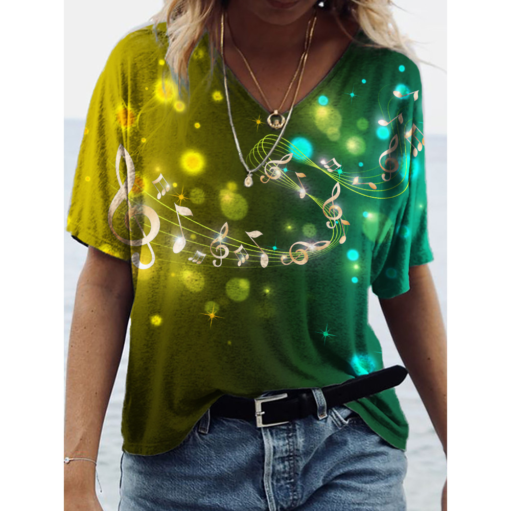 Gradient Glitter Music Notes V Neck T Shirt