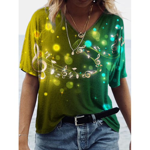Gradient Glitter Music Notes V Neck T Shirt
