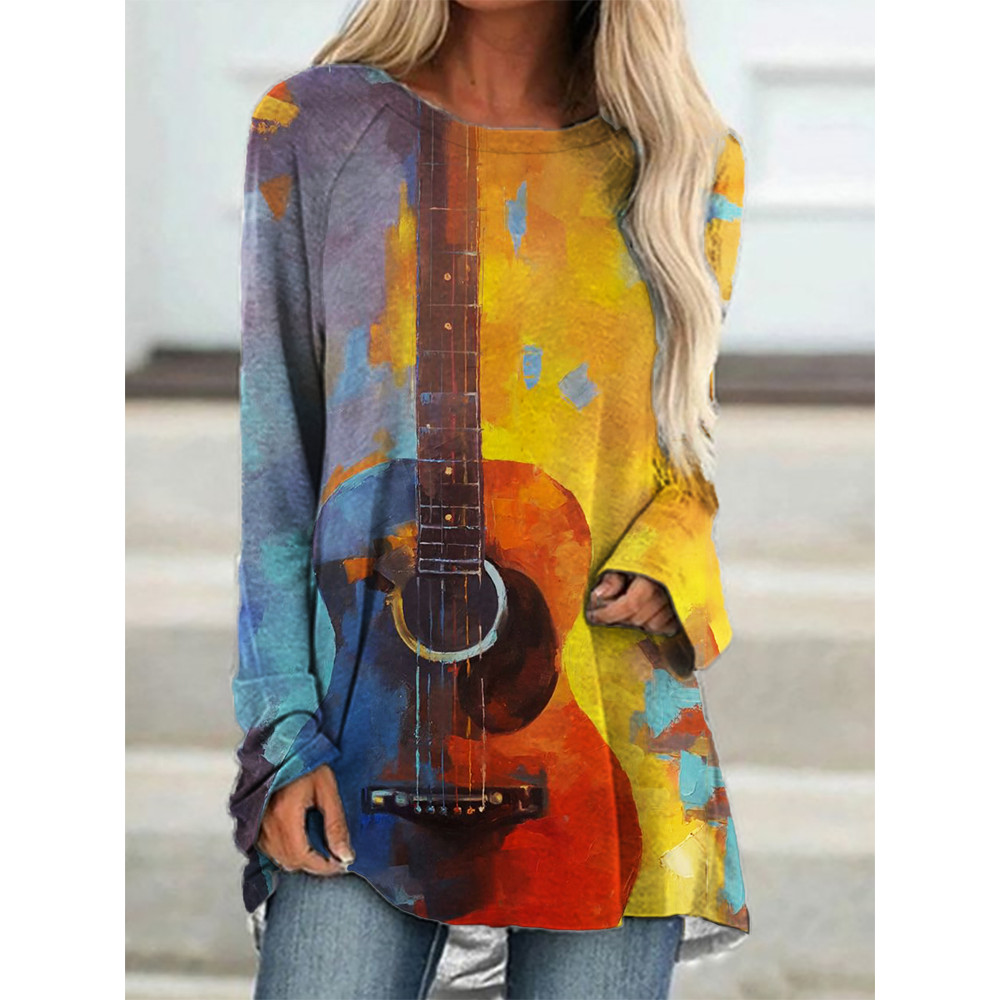 Guitar Contrast Color Art A Line T Shirt