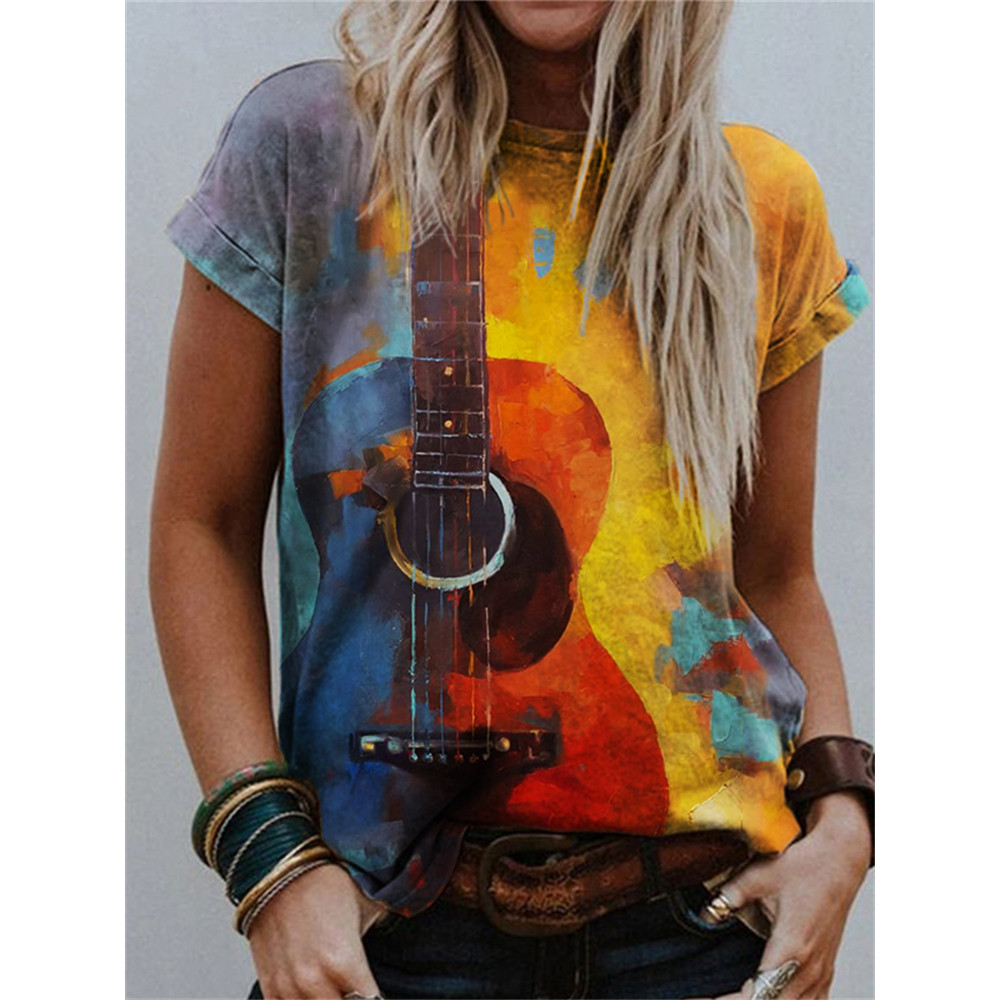 Guitar Contrast Color Art Crew Neck T Shirt
