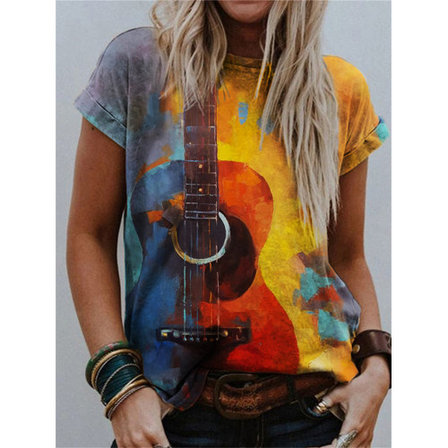 Guitar Contrast Color Art Crew Neck T Shirt