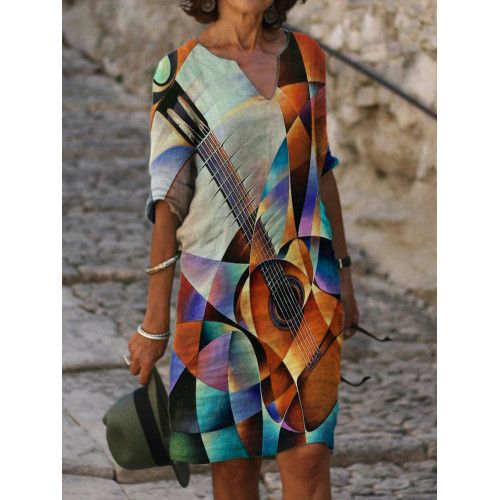Guitar Geometric Art Notch Neck Midi Dress