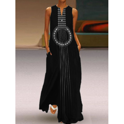 Guitar Inspired Notch Neck Flowy Maxi Dress