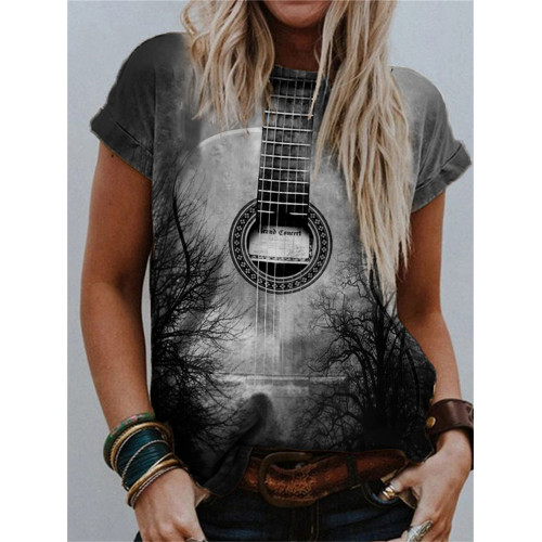 Guitar Inspired Reflection Landscape Crew Neck T Shirt