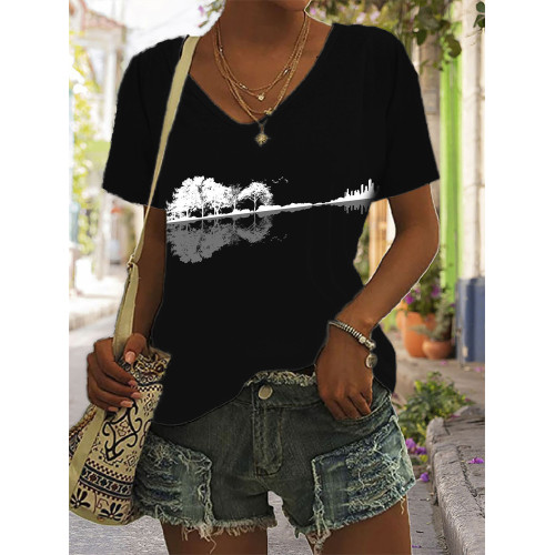 Guitar Inspired Reflection Landscape V Neck T Shirt