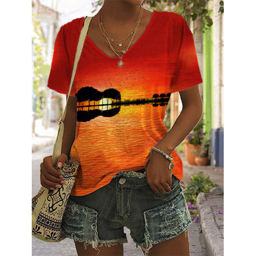 Guitar Inspired Sunset Reflection V Neck T Shirt