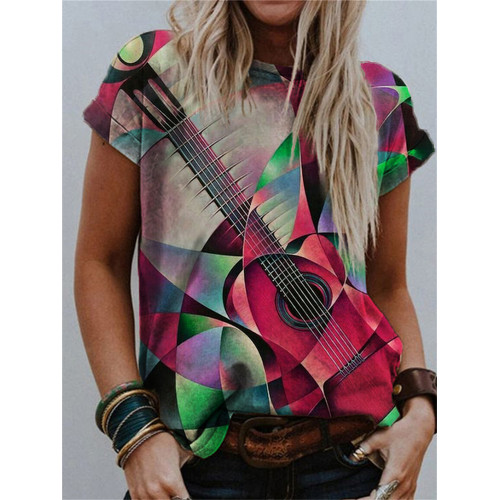 Guitar Modern Geometric Art Crew Neck T Shirt