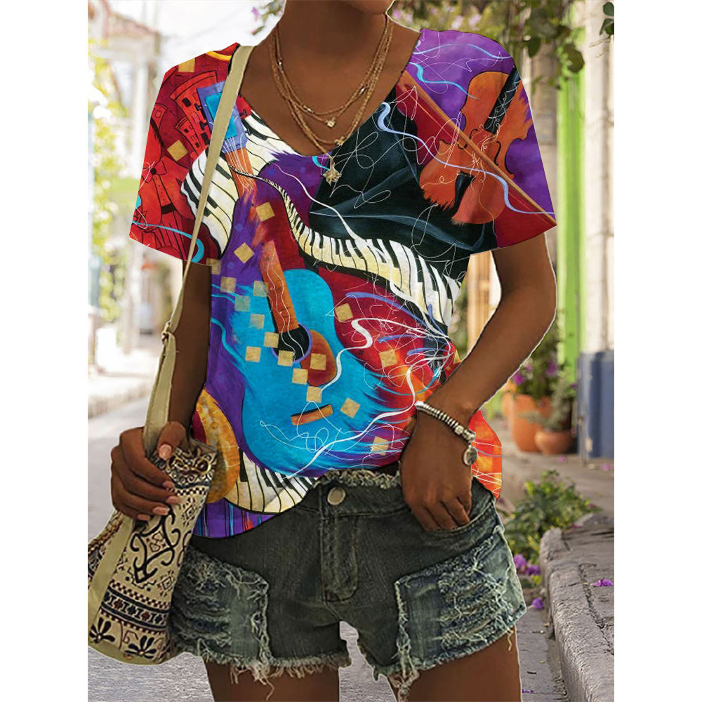 Guitar & Piano Inspired Art V Neck T Shirt