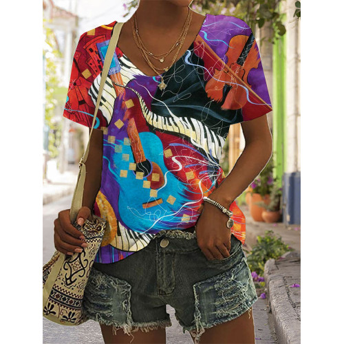 Guitar & Piano Inspired Art V Neck T Shirt