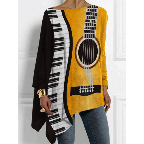 Guitar & Piano Keys Contrast Art Bat Sleeve T Shirt