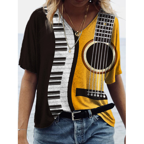 Guitar & Piano Keys Contrast Art V Neck T Shirt