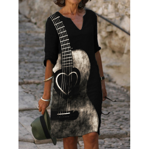 Heart Guitar Art Notch Neck Midi Dress