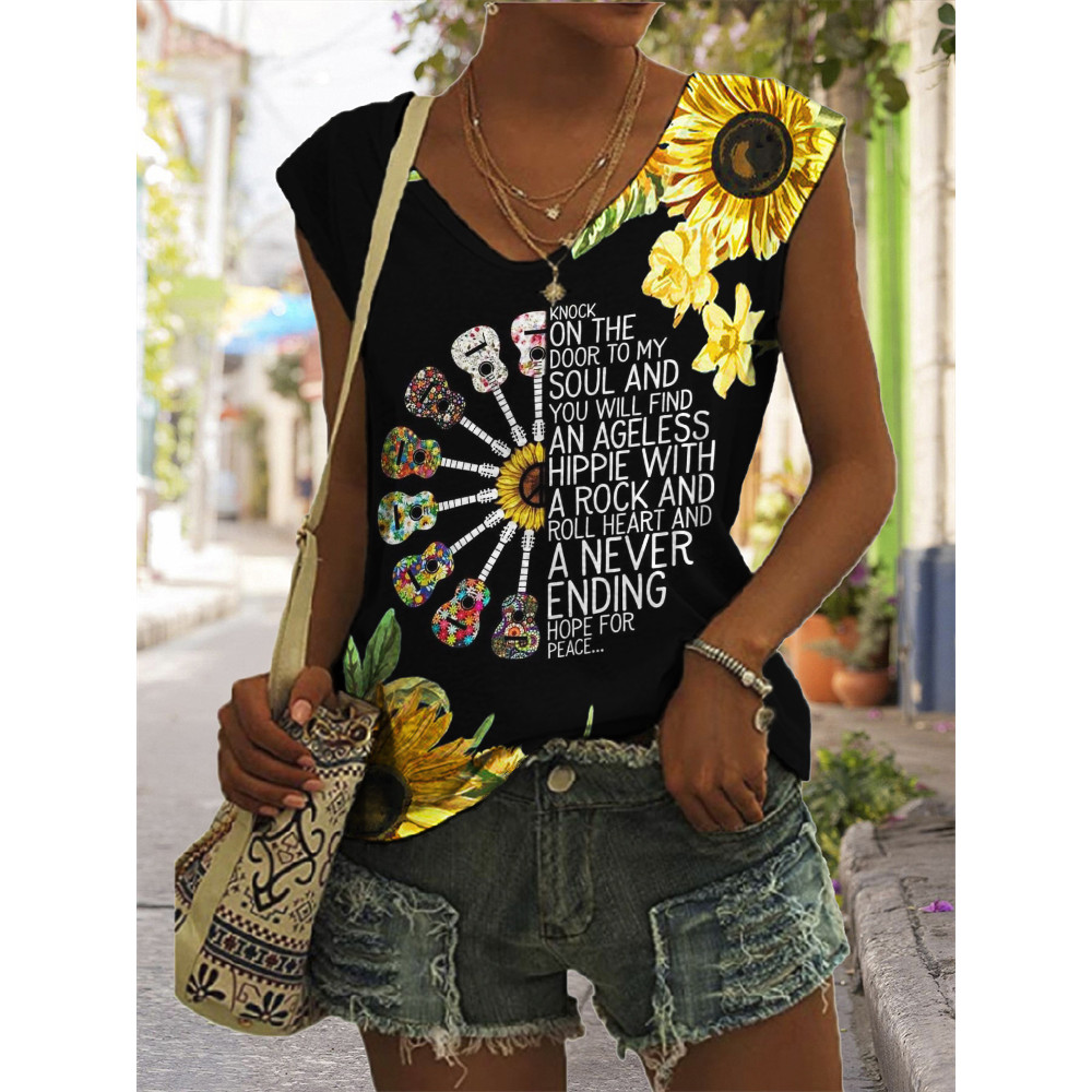 Hippie Guitars Classic Song Sunflowers Graphic Tank Top
