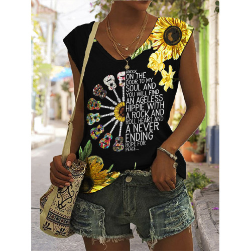 Hippie Guitars Classic Song Sunflowers Graphic Tank Top