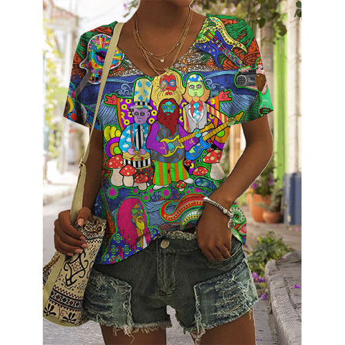 Hippie Music Electric Guitar Art V Neck T Shirt