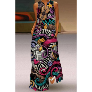 Hippie Music Print V-Neck Maxi Dress