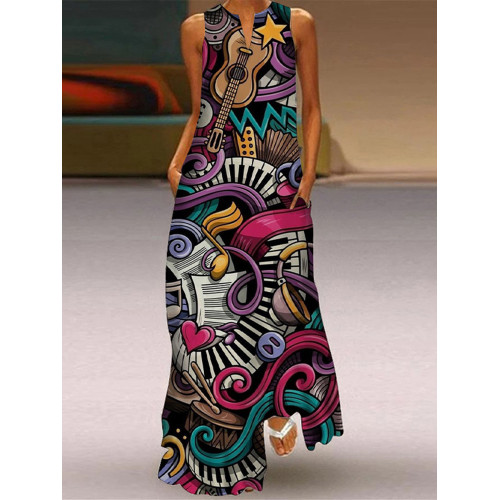 Hippie Music Print V-Neck Maxi Dress