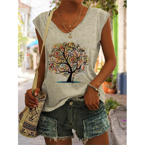 Hippie Music Tree Print Crew Neck Sleeveless Tank Top