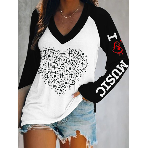 I Love Music Long Sleeve V Neck T Shirt