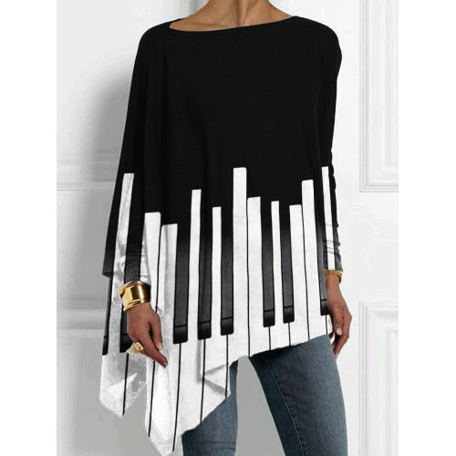 Irregular Piano Keys Contrast Bat Sleeve T Shirt