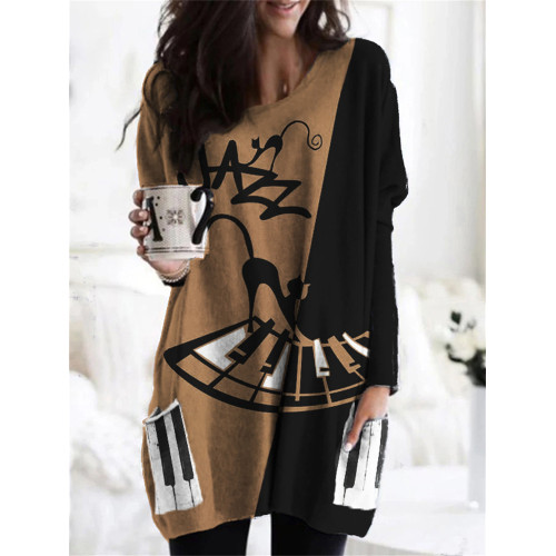 Jazz Lover Cats On Piano Contrast Patch Pocket Tunic