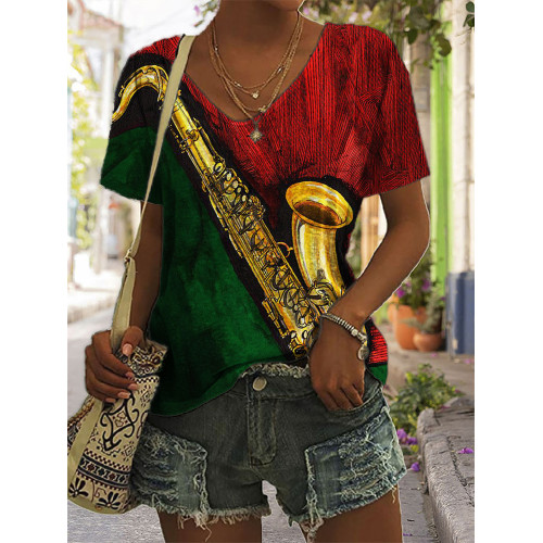 Jazz Lover Saxophone Rasta Contrast V Neck T Shirt
