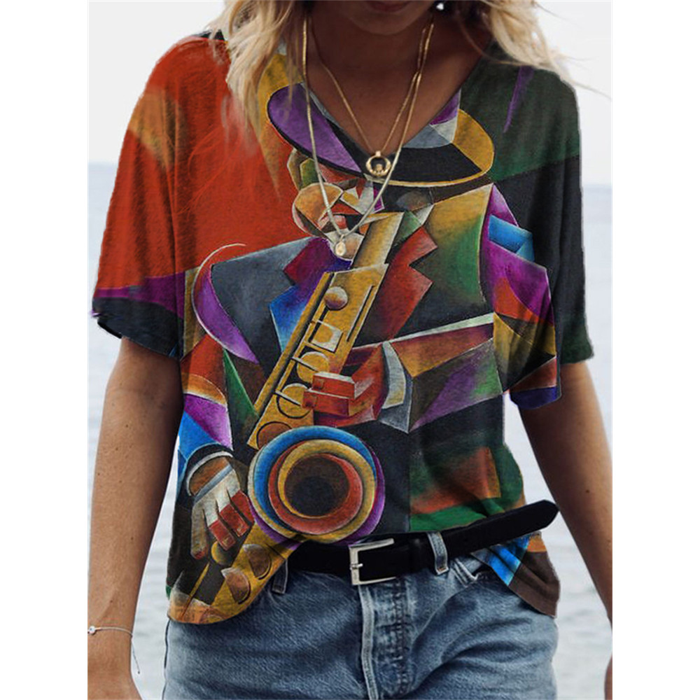Jazz Musician Geometric Art V Neck T Shirt