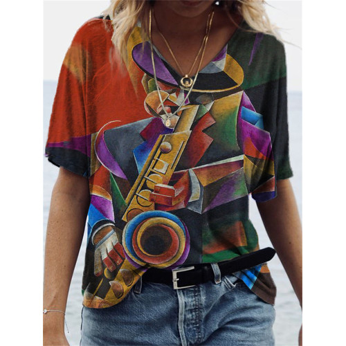 Jazz Musician Geometric Art V Neck T Shirt