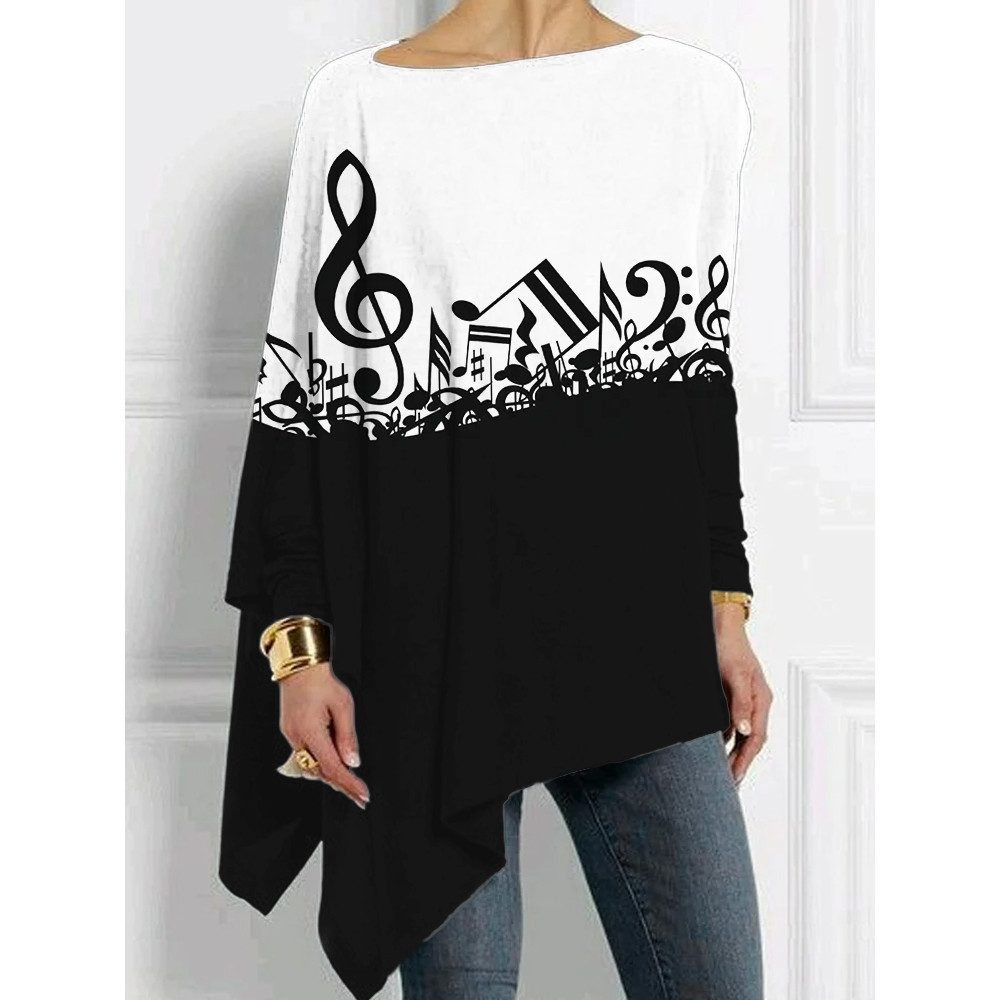 Jumbled Music Notes Contrast Bat Sleeve T Shirt
