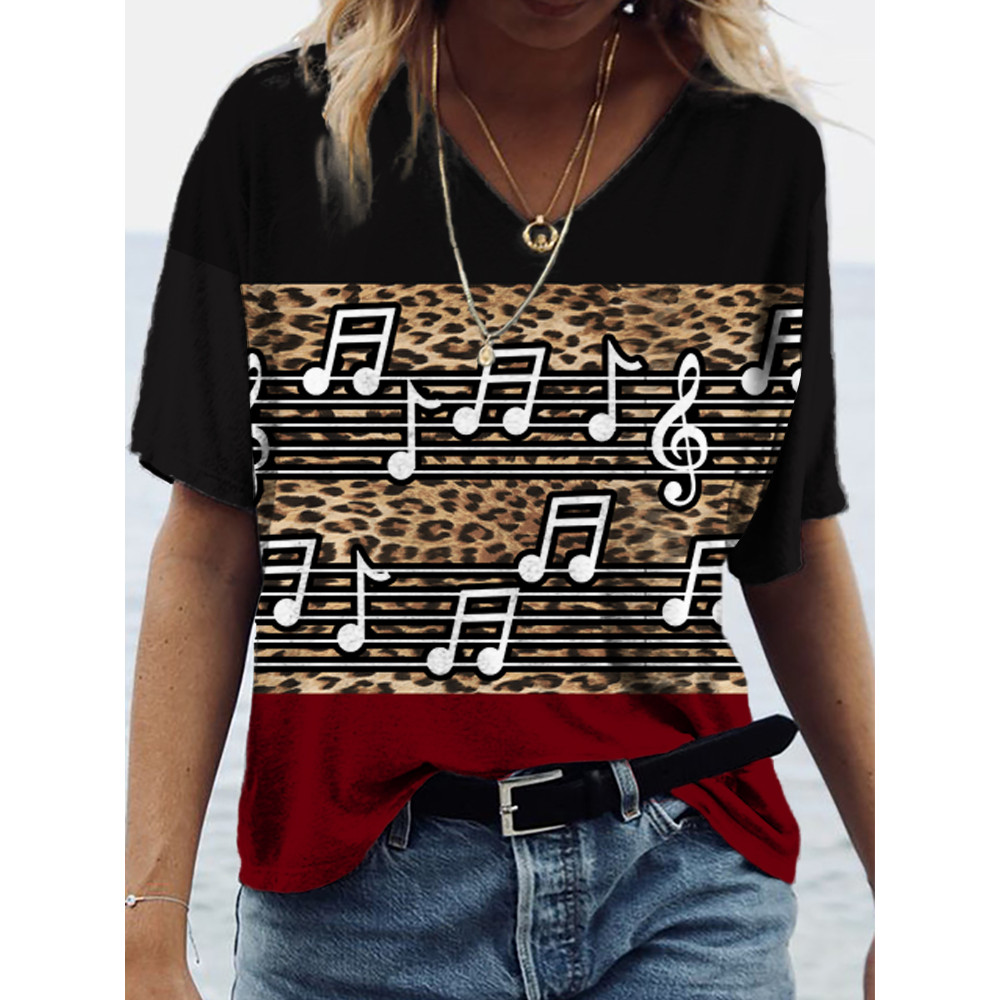 Leopard Music Contrast Art Print V-Neck T-Shirt