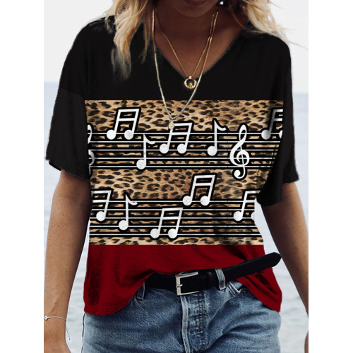Leopard Music Contrast Art Print V-Neck T-Shirt