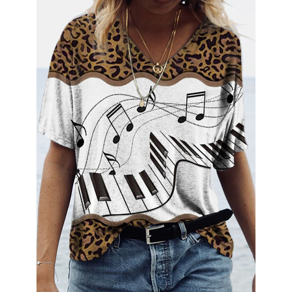 Leopard music art print pattern  V Neck T Shirt