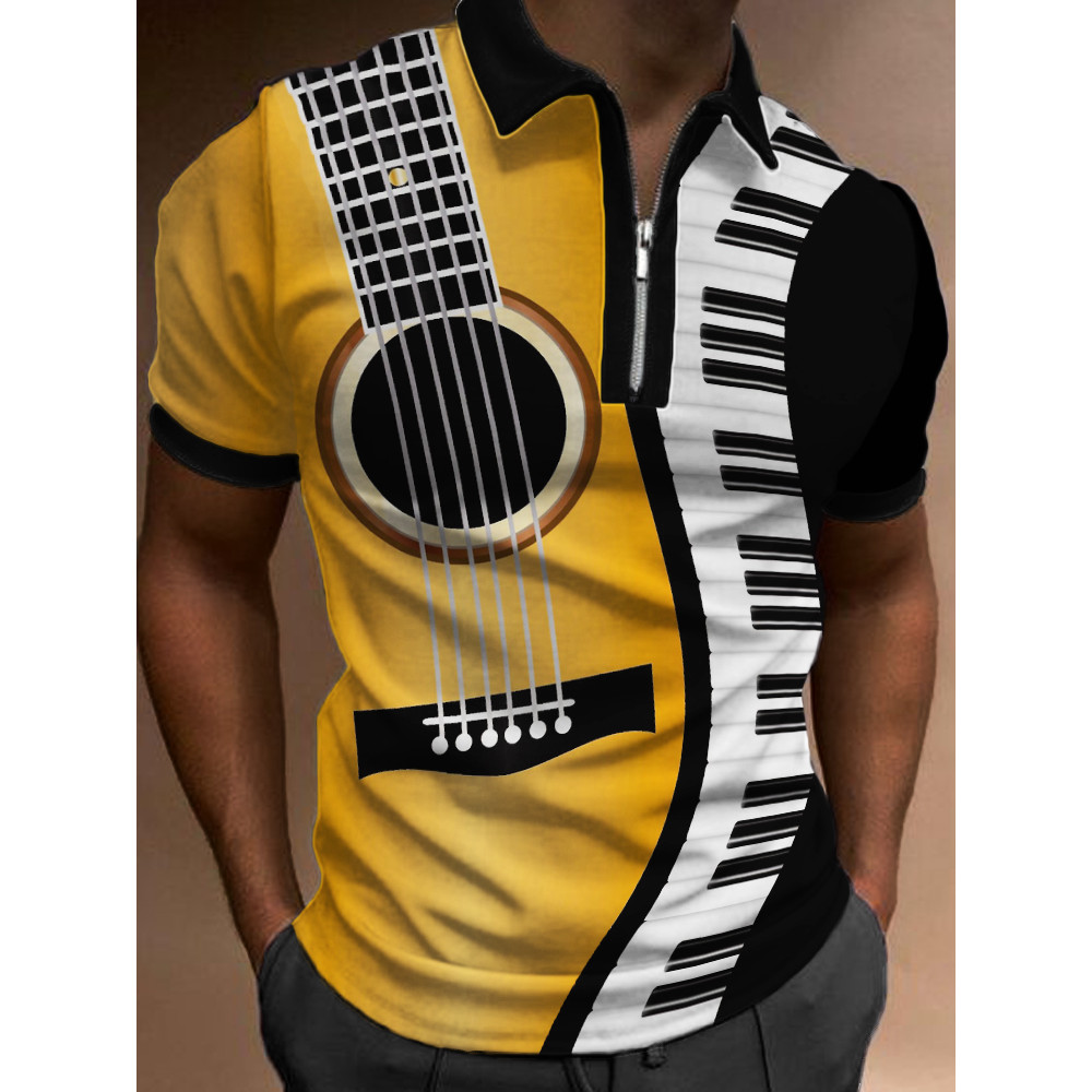 Men's Guitar & Piano Inspired Contrast Art Polo Shirt