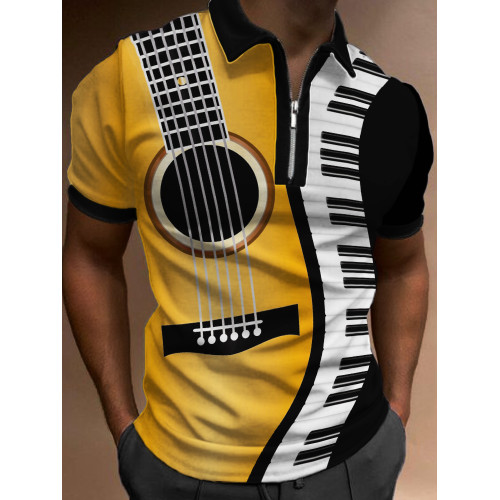 Men's Guitar & Piano Inspired Contrast Art Polo Shirt