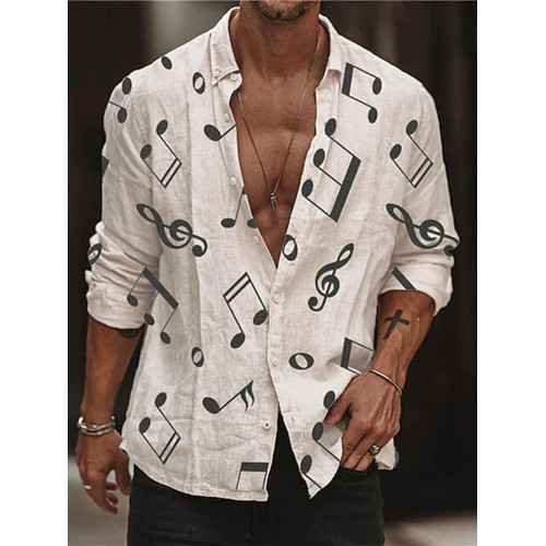 Men's Music Notes Print Long Sleeve Basic Blouse
