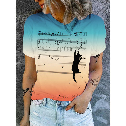 Music And Cat Retro Color Print Short Sleeve Casual T-Shirt