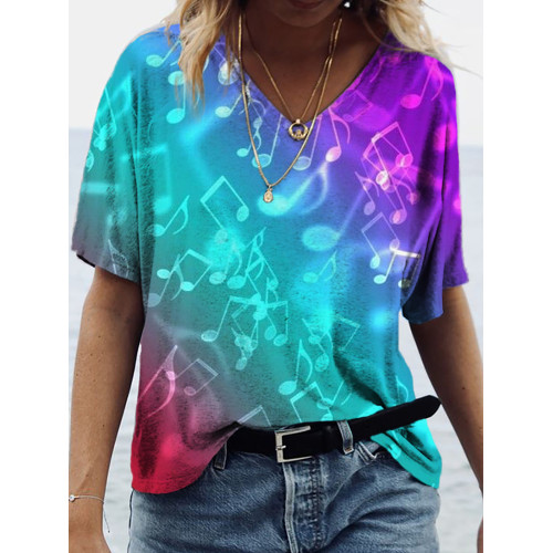 Music Colorful Lights Bright Print V-Neck T-Shirt