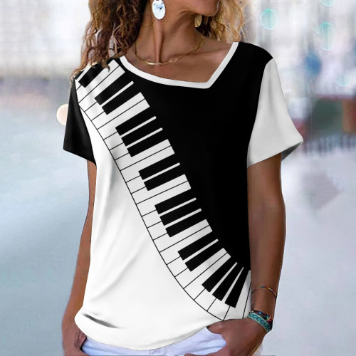 Music Element Patchwork Diagonal Neck Casual Short Sleeve T-Shirt