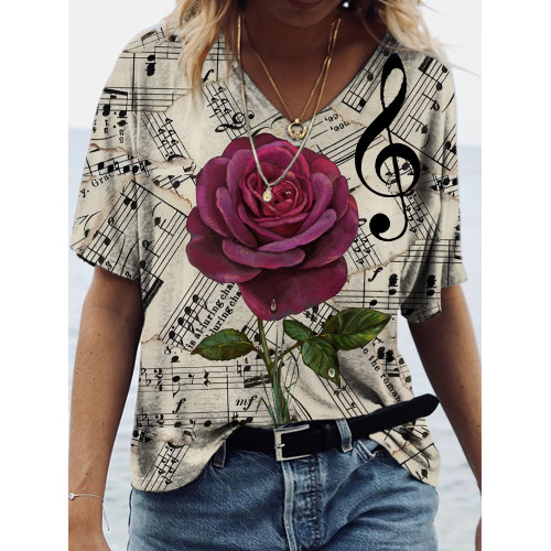 Music Flower Sheet Music Mosaic Retro Art Print V Neck T Shirt