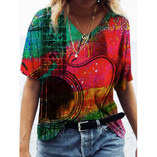 Music Guitar Rainbow  V Neck T Shirt