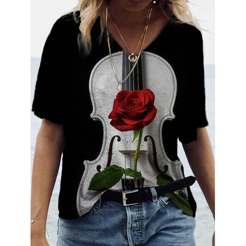 Music Guitar Rose Art Print V-Neck T-Shirt
