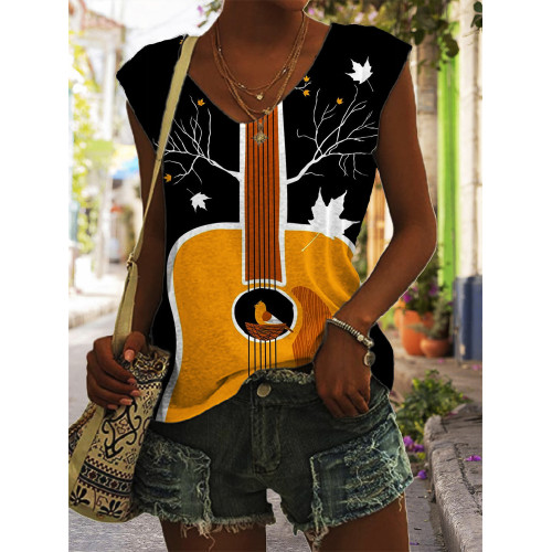 Music Guitar Tree And Bird Art Print V-Neck Tank Top